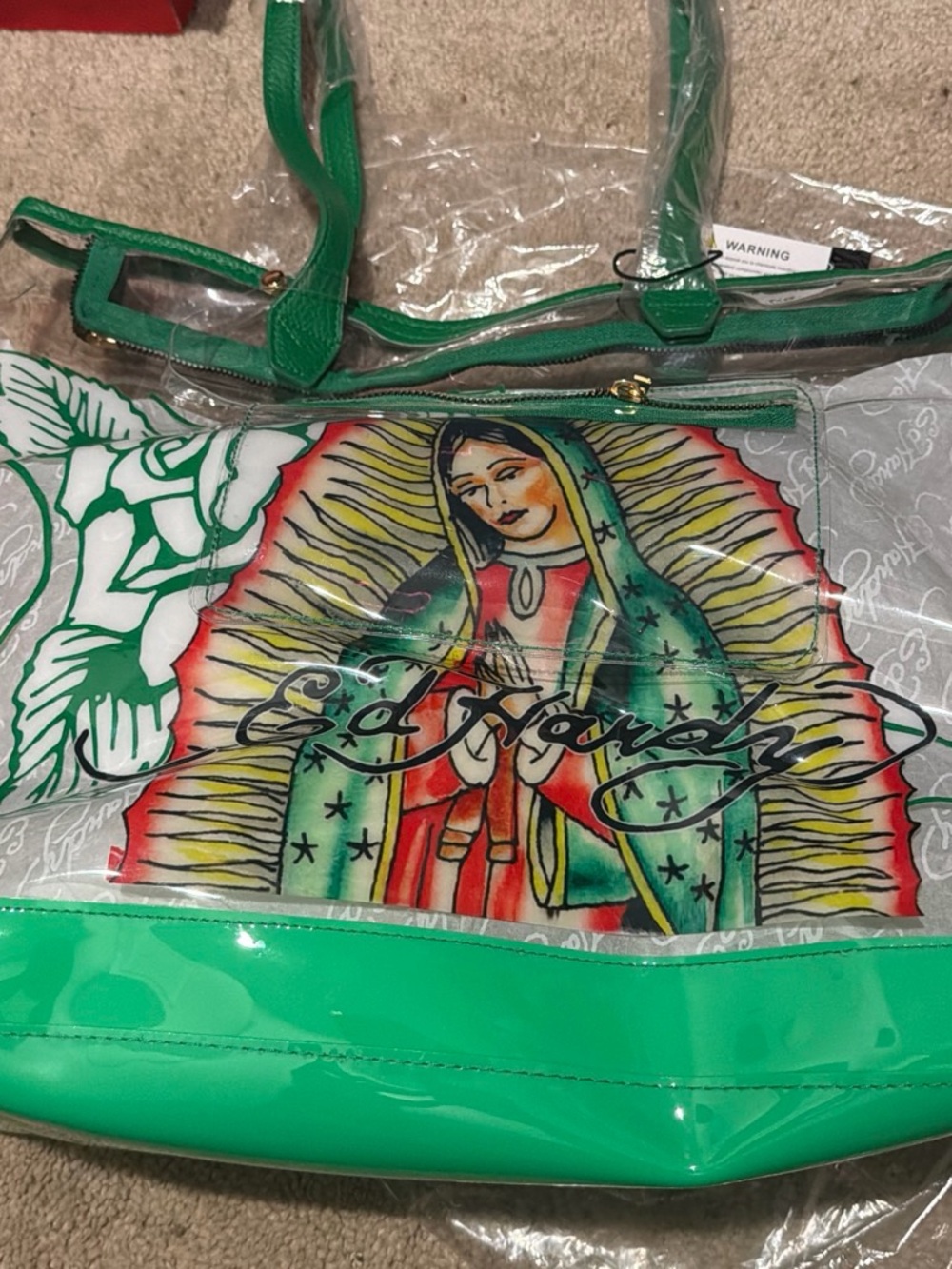 Ed Hardy Clear Tote with Green Trim and Virgin Mary Graphic